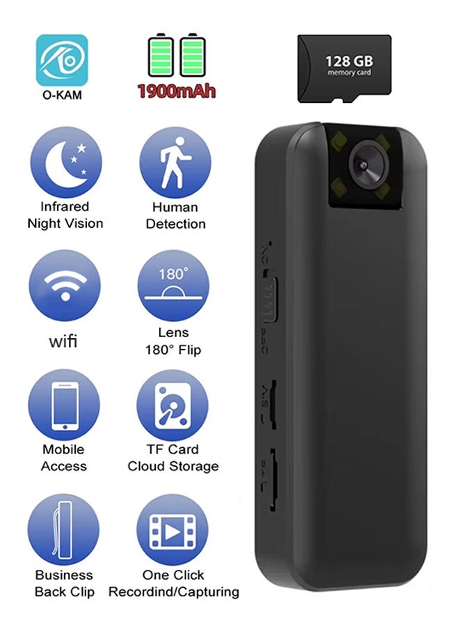 Small Portable Camera, 1080P HD On The Body Worn Camera Night Vision Recorder, With 180 Degree Rotating Lens, With 128G Card, Pocket Video Recorder With Rear Clip For Outdoor Cycling - Image 1