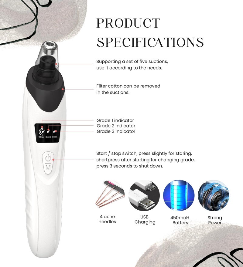 Gackoko 2025 Blackhead Remover Pore Vacuum,Facial Pore Cleaner-5 Suction Power,5 Probes,USB Rechargeable Blackhead Vacuum Kit Electric Acne Extractor Tool for Adult (Black) - Image 4