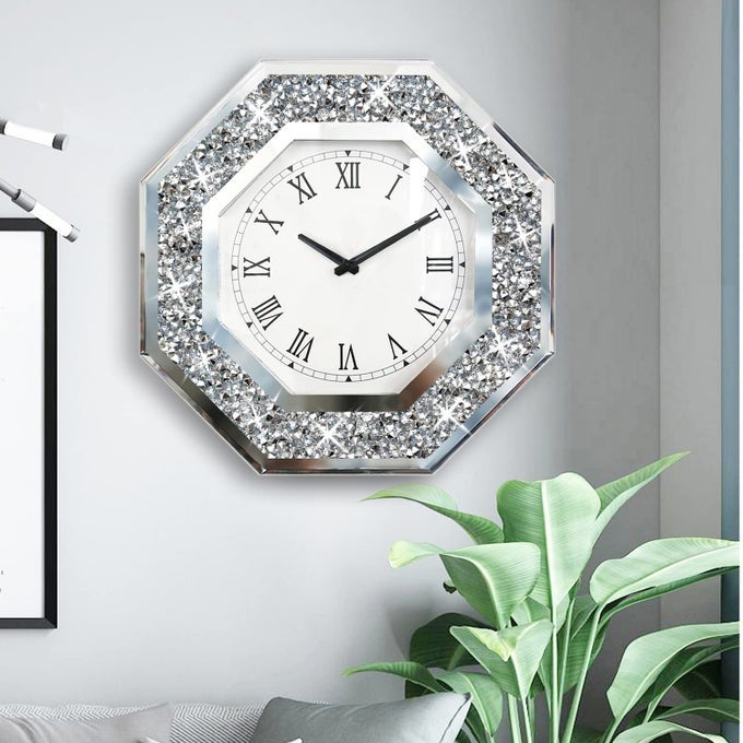 WALL CLOCK OCTAGON MIRROR GLASS CLOCK CUTE DIAMOND 20INCH NONTICKING CLOCK FOR WALL DCOR PERFECT HOME DECOR FOR BEDROOM BATHROOM MOTIF DINING ROOMEXCLUDING BATTERIES