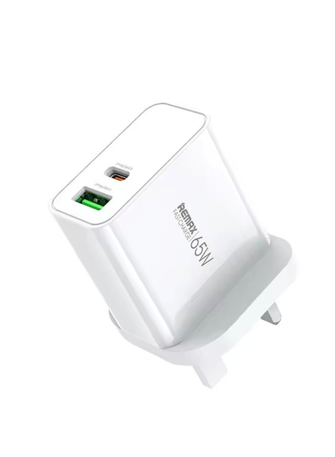 REMAX 65W Dual-Port Fast Charger, USB-C & USB-A Adapter for Phones, Tablets, and Laptops (UK plug)) - Image 1