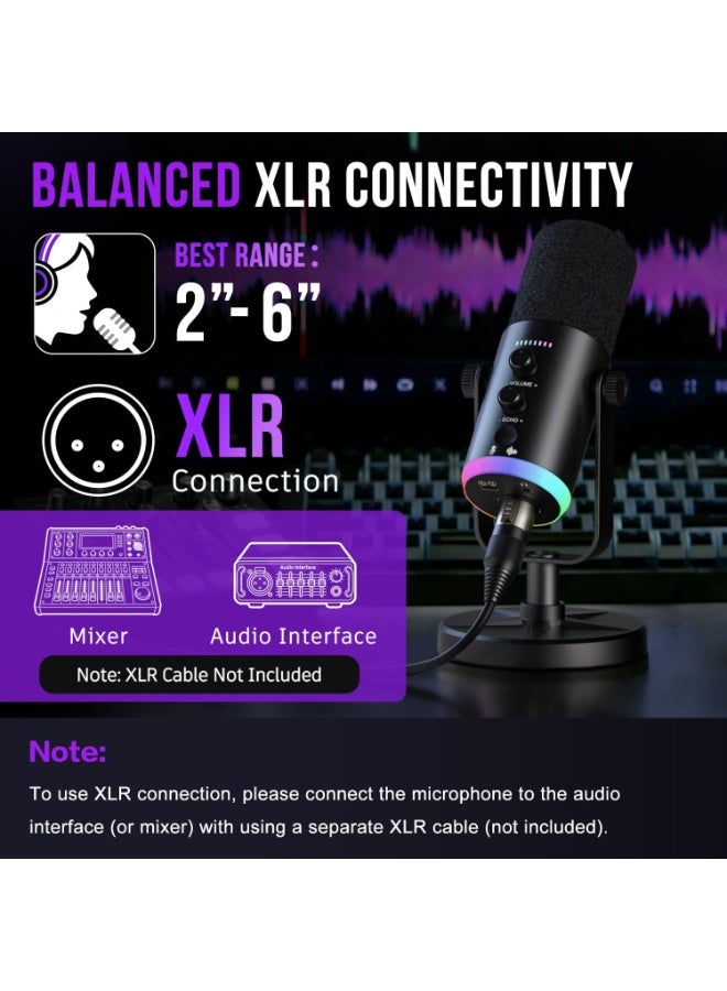ميكروفون YU7 الديناميكي بمنفذي XLR و USB - ميكروفون بودكاست RGB مع خاصية تقليل الضوضاء | ميكروفون للبث المباشر والألعاب والتسجيل - Image 3