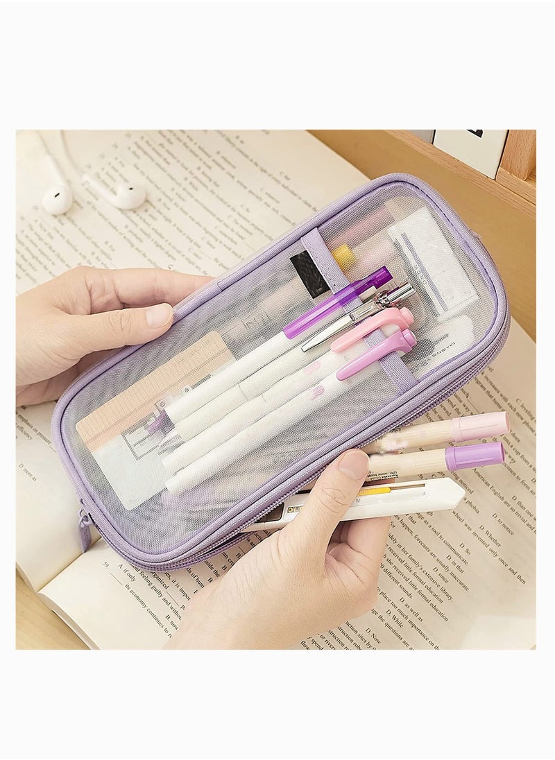 SYOSI - Stationary Bag, SYOSI Grid Mesh Pen Pencil Case with Zipper Clear Makeup Color Pouch Cosmetics Bag Multi Purpose Travel School Teen Girls Transparent Box (Purple) - Image 1