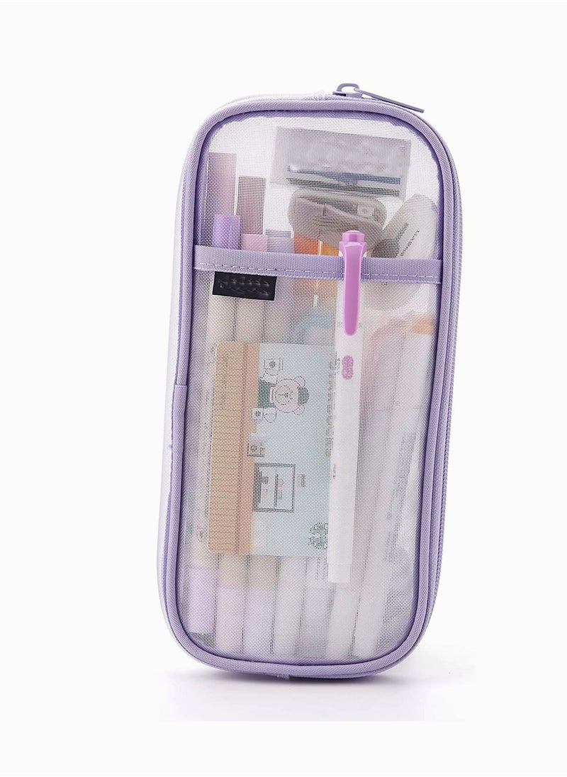 SYOSI - Stationary Bag, SYOSI Grid Mesh Pen Pencil Case with Zipper Clear Makeup Color Pouch Cosmetics Bag Multi Purpose Travel School Teen Girls Transparent Box (Purple) - Image 1