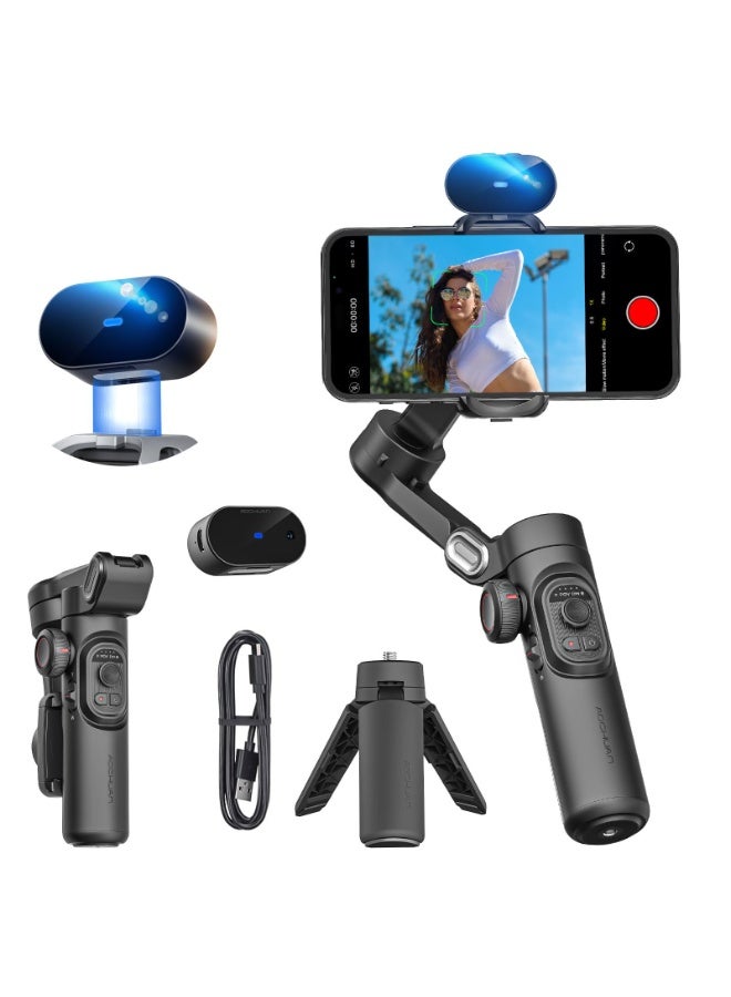 AOCHUAN Smart XE AI Smartphone Gimbal Stabilizer - App-Free AI Tracking, Gesture Control, 360° Inception, 3-Axis Foldable Tripod, Compatible with iPhone and Android, Black - Image 1