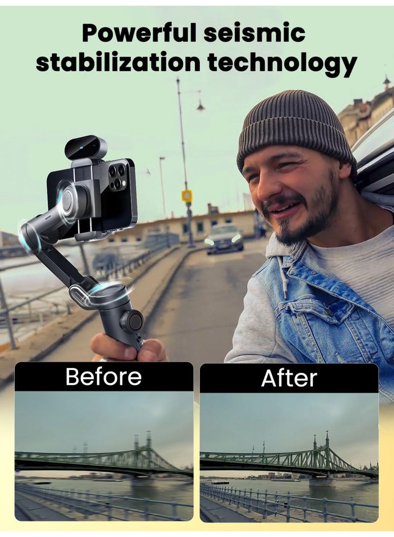 AOCHUAN Smart XE AI Smartphone Gimbal Stabilizer - App-Free AI Tracking, Gesture Control, 360° Inception, 3-Axis Foldable Tripod, Compatible with iPhone and Android, Black - Image 4