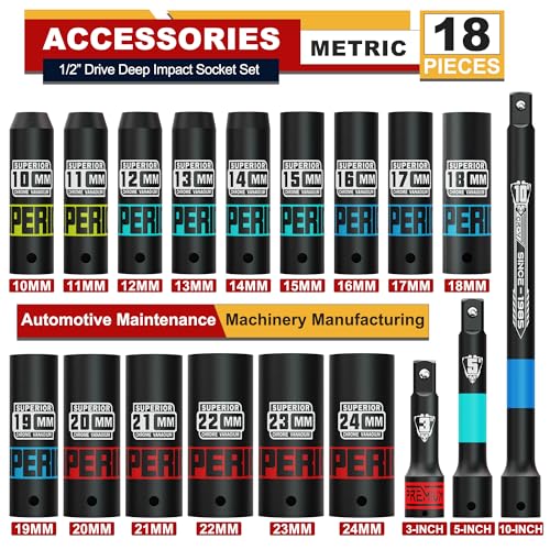 Aiourx 18 Piece 1/2" Drive Deep Impact Socket Set, 10mm - 24mm, with Extension Bars:3-inch, 5-inch, 10-inch, Metric, 6-Point, CR-V Steel, Automotive Maintenance, Machinery Manufacturing - Image 2