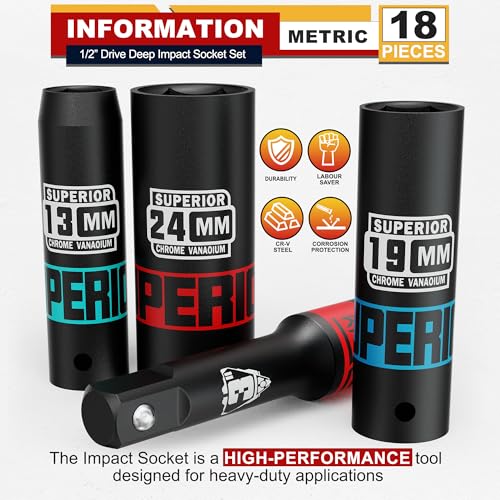 Aiourx 18 Piece 1/2" Drive Deep Impact Socket Set, 10mm - 24mm, with Extension Bars:3-inch, 5-inch, 10-inch, Metric, 6-Point, CR-V Steel, Automotive Maintenance, Machinery Manufacturing - Image 3