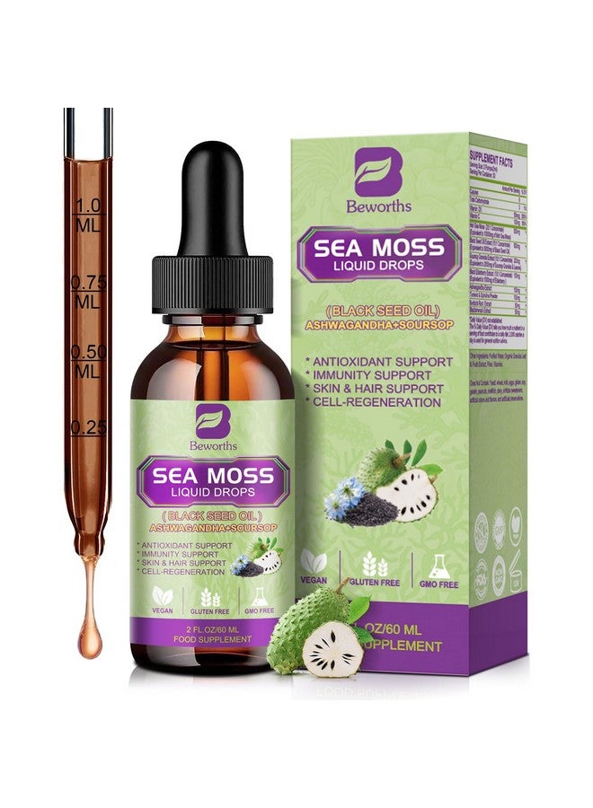 B BEWORTHS Sea Moss Liquid Drops - Irish Sea Moss Black Seed Oil with Ashwagandha, Soursop Bitters, Elderberry, Burdock Root, Bladderwrack, Multimineral Seamoss Supplement Support Antioxidant, Immune, Gut Health - Image 1