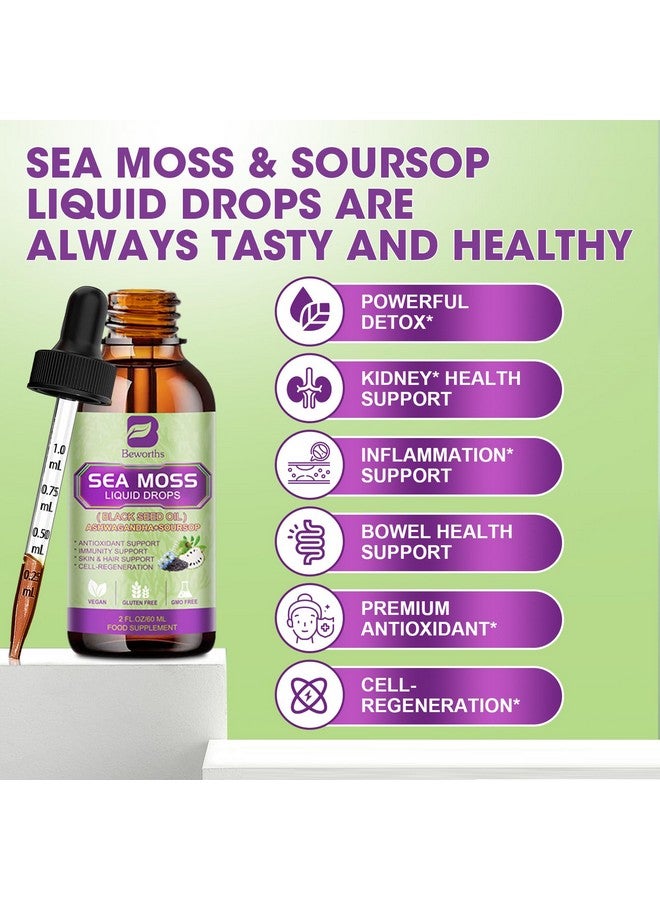 B BEWORTHS Sea Moss Liquid Drops - Irish Sea Moss Black Seed Oil with Ashwagandha, Soursop Bitters, Elderberry, Burdock Root, Bladderwrack, Multimineral Seamoss Supplement Support Antioxidant, Immune, Gut Health - Image 3