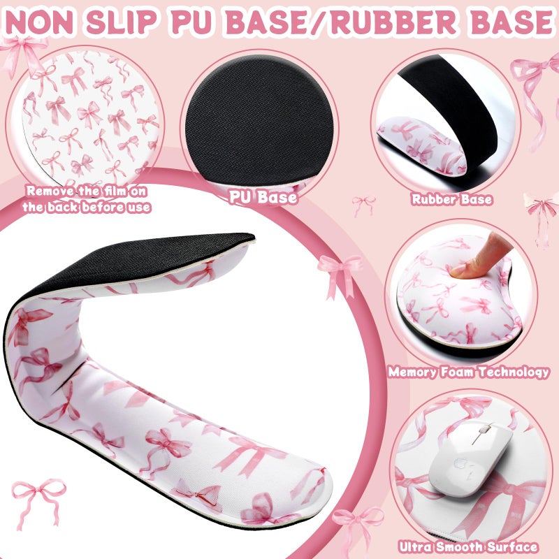 Relaxweex 4 Pcs Pink Bow Keyboard Mat and Mouse Pad Set Coquette Desk Mat Bowknot Mouse Pad with Wrist Rest Cute Keyboard Wrist Rest Preppy Cup Coasters Pink Ergonomic Design for Office Table Computer - Image 4