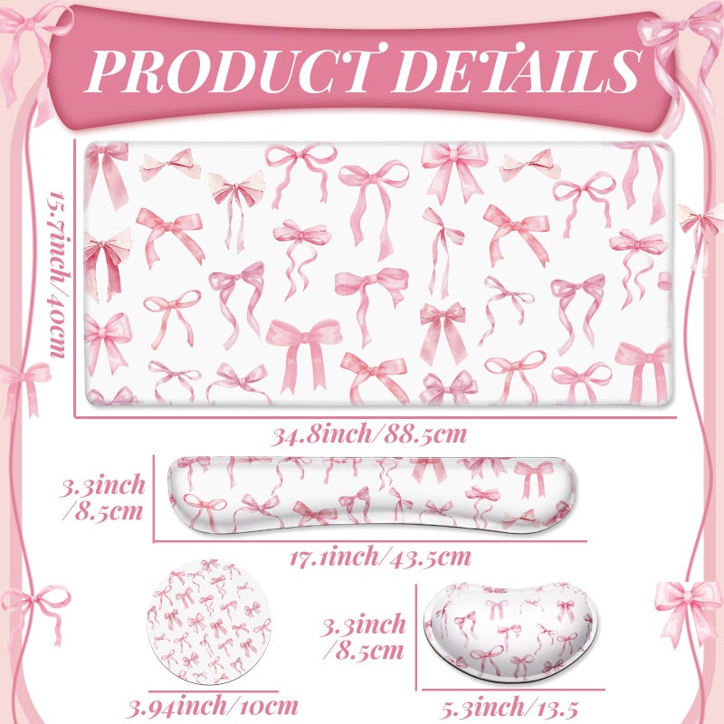 Relaxweex 4 Pcs Pink Bow Keyboard Mat and Mouse Pad Set Coquette Desk Mat Bowknot Mouse Pad with Wrist Rest Cute Keyboard Wrist Rest Preppy Cup Coasters Pink Ergonomic Design for Office Table Computer - Image 2
