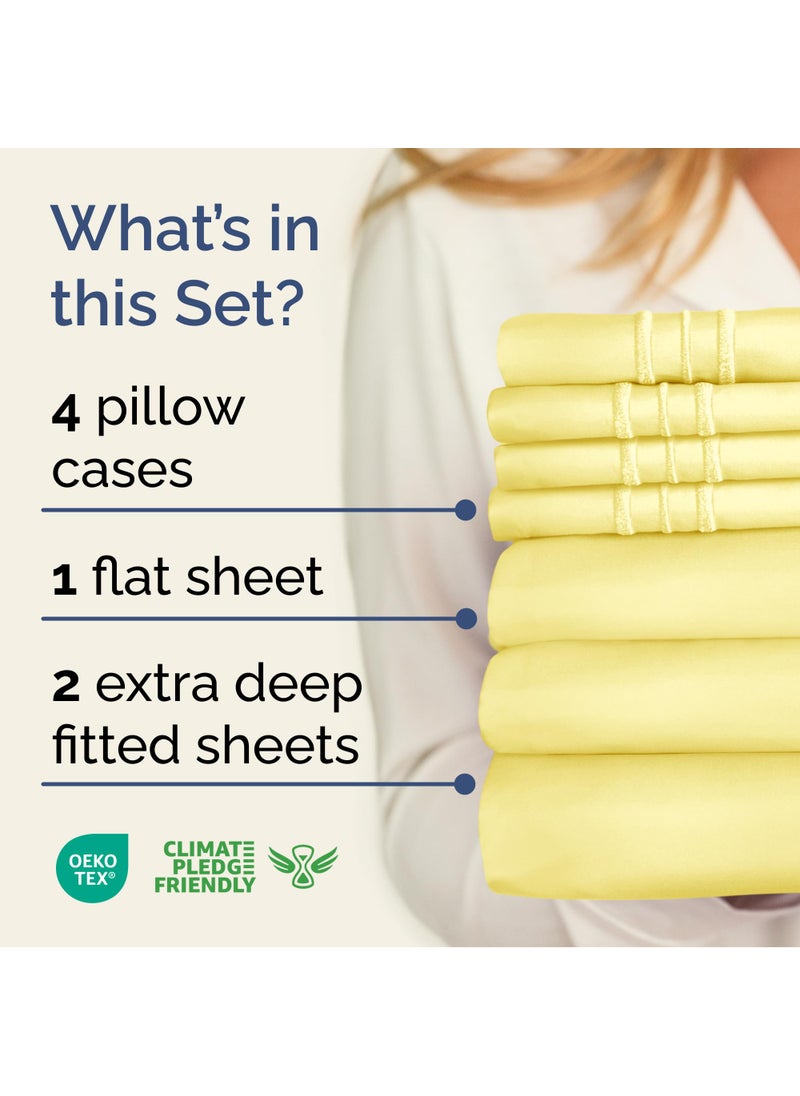 Extra Deep Split King Sheet Set - 7 Piece Breathable and Cooling Sheets - Hotel Luxury Bed Sheets Set - Easy Fit - Soft  Wrinkle Free and Comfy Sheets Set - Yellow Sheet Set with Extra Deep Pockets