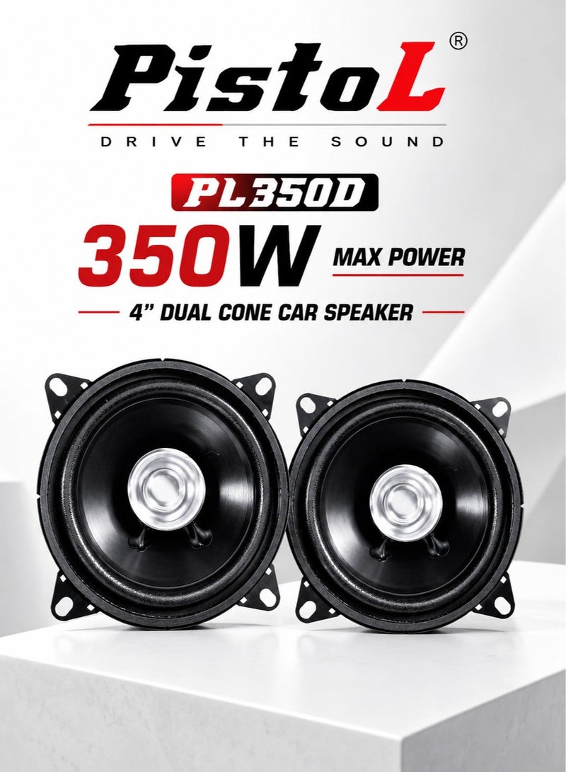 PistoL PL350D 4 Inch Dual Cone Car Speaker Set of 2, 350W Max Full Range Coaxial Car Audio Speakers, Deep Bass, Clear Midrange, Crisp Treble, 4 Ohm Universal Door Stereo Speakers for Cars, SUVs, Vans and Trucks - Image 1