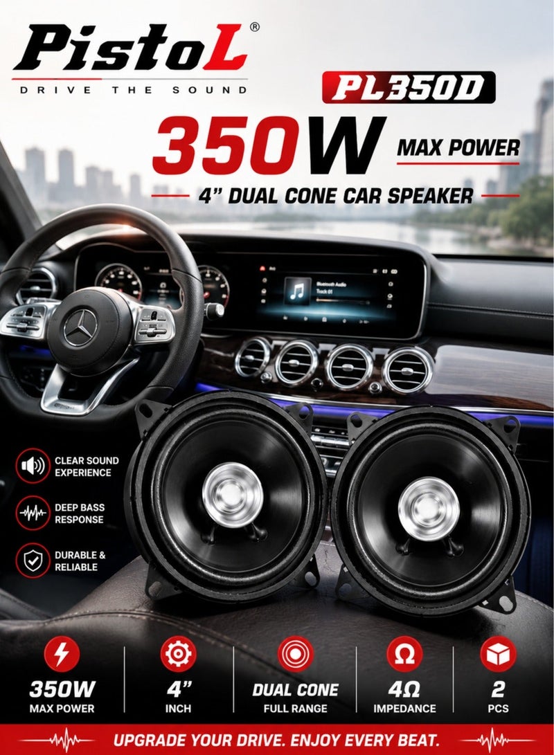 PistoL PL350D 4 Inch Dual Cone Car Speaker Set of 2, 350W Max Full Range Coaxial Car Audio Speakers, Deep Bass, Clear Midrange, Crisp Treble, 4 Ohm Universal Door Stereo Speakers for Cars, SUVs, Vans and Trucks - Image 2
