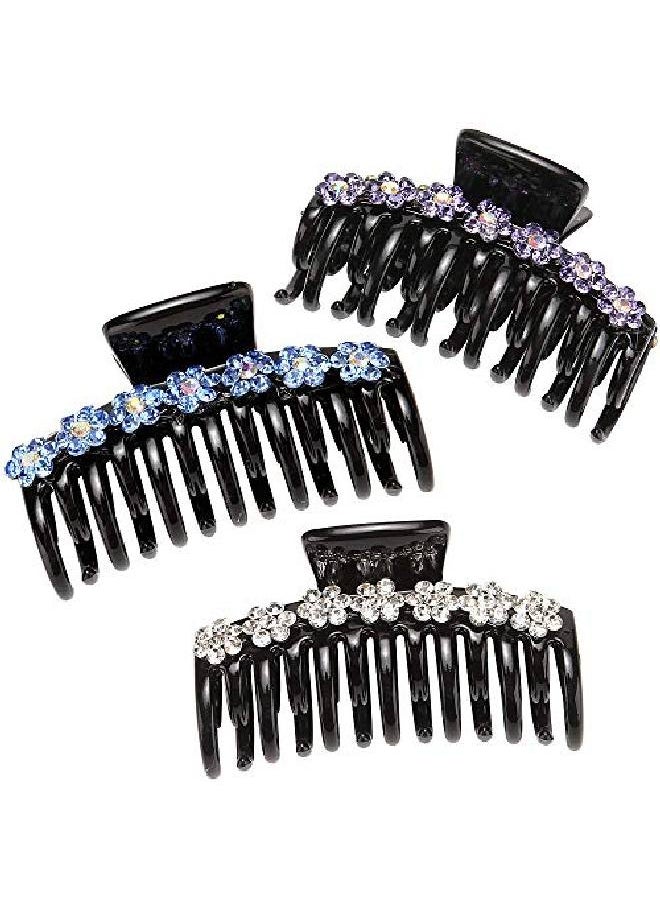 LONEEDY - 3Pcs Strong Hold Hair Claw Clips Rhinestone Flower Double Teeth Jaw Clips (White + Purple + Blue) - Image 1