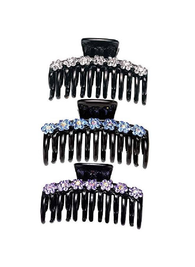 LONEEDY - 3Pcs Strong Hold Hair Claw Clips Rhinestone Flower Double Teeth Jaw Clips (White + Purple + Blue) - Image 1