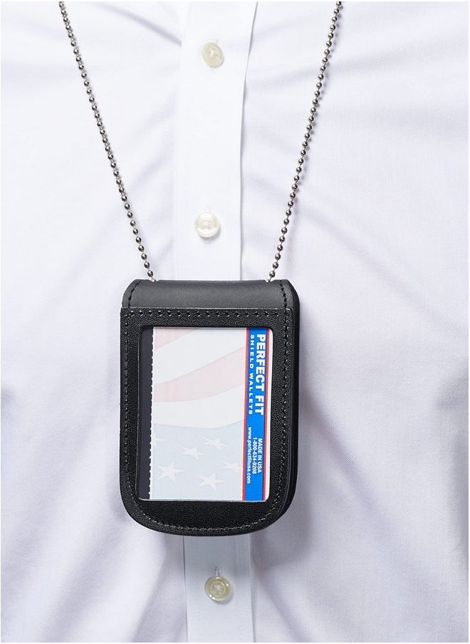 Perfect Fit Shield Wallets - Police Badge Holder With Neck Chain For Police Badge And Id, Universal Rectangle Badge Shield And Id Necklace, Black Leather - Image 1