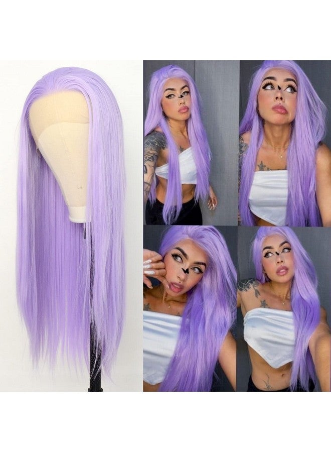 لوويجز باروكة أمامية من الدانتيل باللون الأرجواني الفاتح، باروكة بديلة من الألياف الصناعية المقاومة للحرارة، شعر أرجواني فاتح، شعر مستعار عالي الحرارة، للارتداء اليومي (22 بوصة، أرجواني، مستقيم) - Image 1