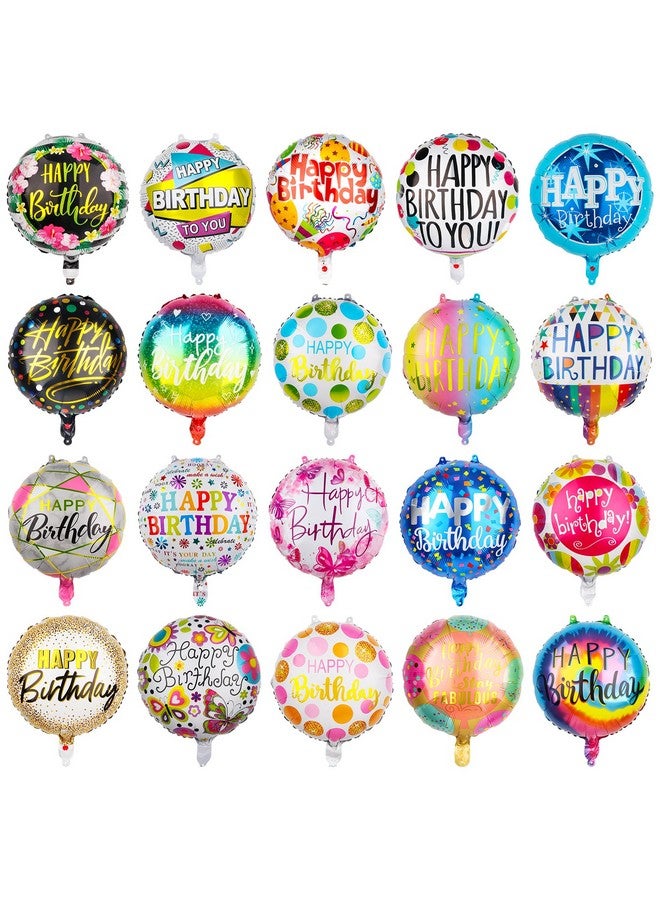 Fowecelt 100 Pcs Happy Birthday Aluminum Foil Balloons for Birthday Party Decoration Supplies, 18 Inches Round Helium Floating Mylar Balloon (20 Patterns) - Image 1