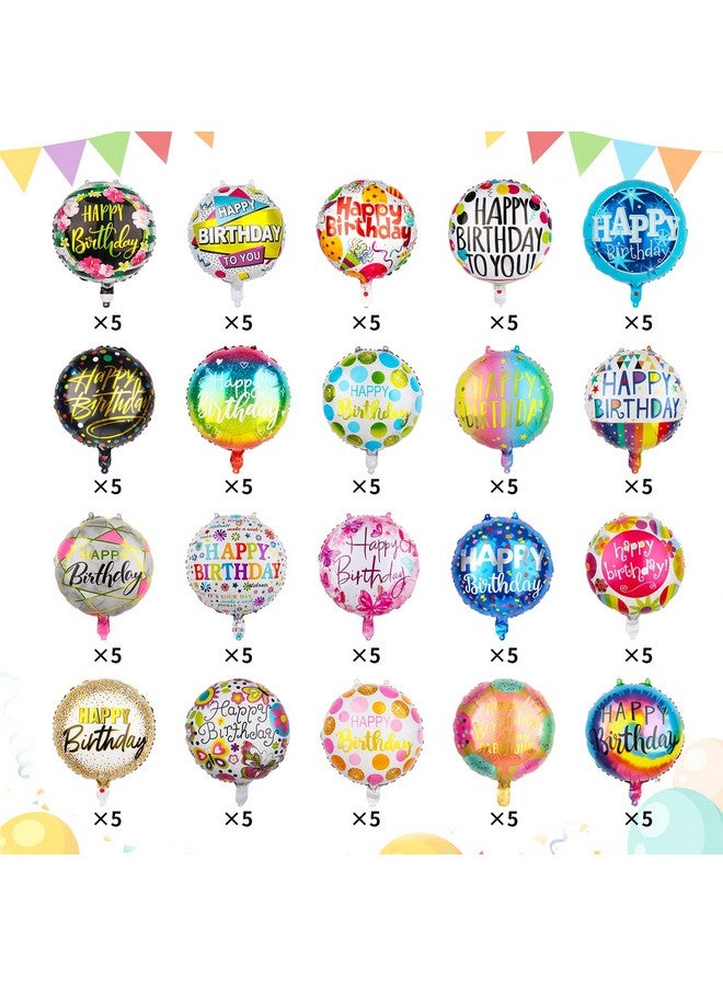 Fowecelt 100 Pcs Happy Birthday Aluminum Foil Balloons for Birthday Party Decoration Supplies, 18 Inches Round Helium Floating Mylar Balloon (20 Patterns) - Image 4