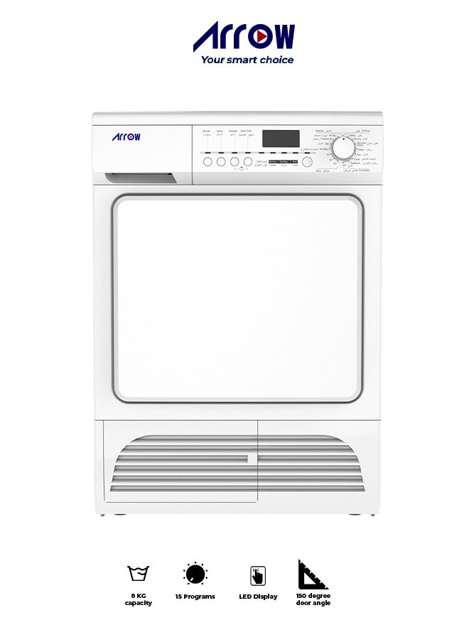 Arrow - 8Kg Clothes Dryer, Energy Efficiency E, 15 Programs + 5 Buttons, LED Display, 2500W Rated Power, 2200W Heater Power, 150° Door Open Angle, Anti-Crease Function | Model Name: RO-08GDC - Image 1