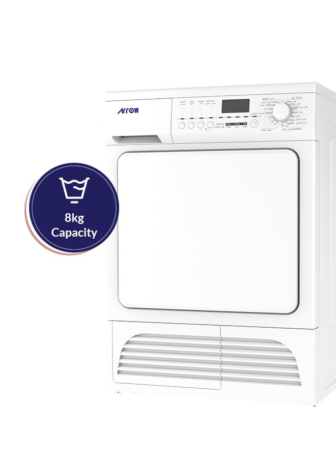 Arrow - 8Kg Clothes Dryer, Energy Efficiency E, 15 Programs + 5 Buttons, LED Display, 2500W Rated Power, 2200W Heater Power, 150° Door Open Angle, Anti-Crease Function | Model Name: RO-08GDC - Image 1