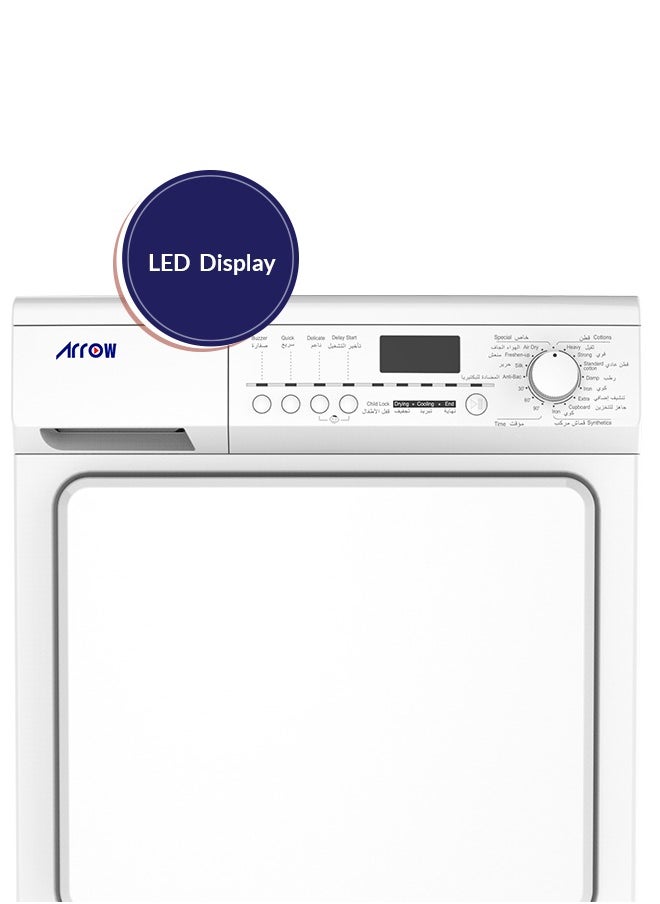 Arrow - 8Kg Clothes Dryer, Energy Efficiency E, 15 Programs + 5 Buttons, LED Display, 2500W Rated Power, 2200W Heater Power, 150° Door Open Angle, Anti-Crease Function | Model Name: RO-08GDC - Image 1