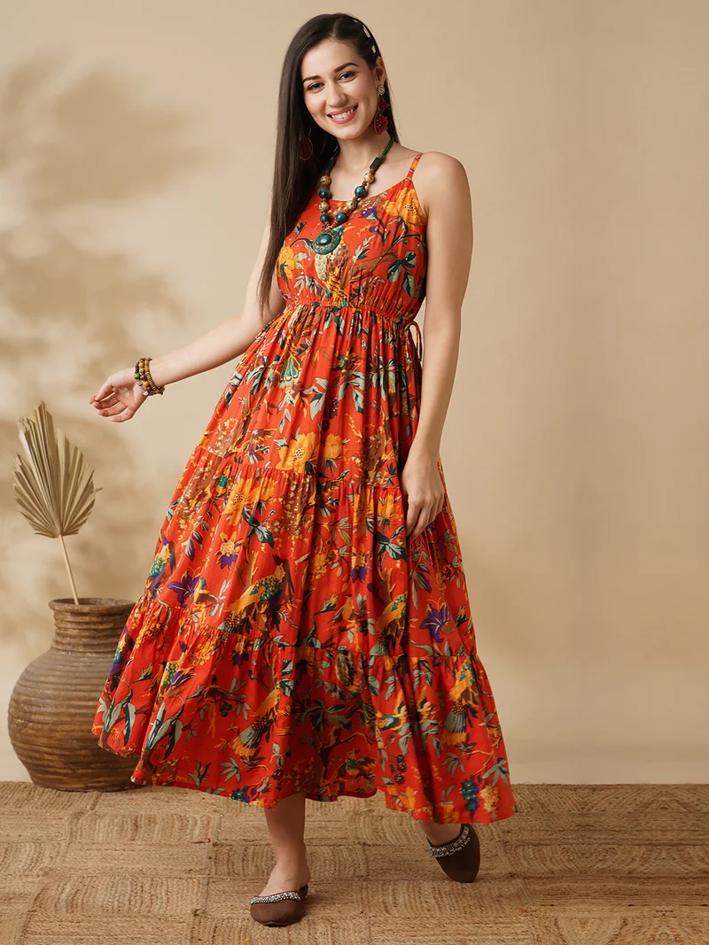 globus Women All Over Floral Print Strappy Sleeves Waist Tie-Up Fit & Flare Fusion Maxi Dress