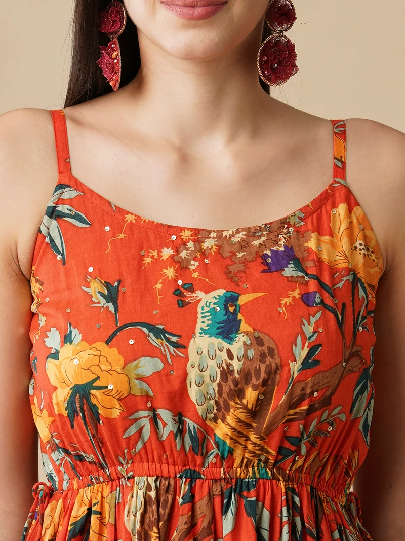 globus Women All Over Floral Print Strappy Sleeves Waist Tie-Up Fit & Flare Fusion Maxi Dress