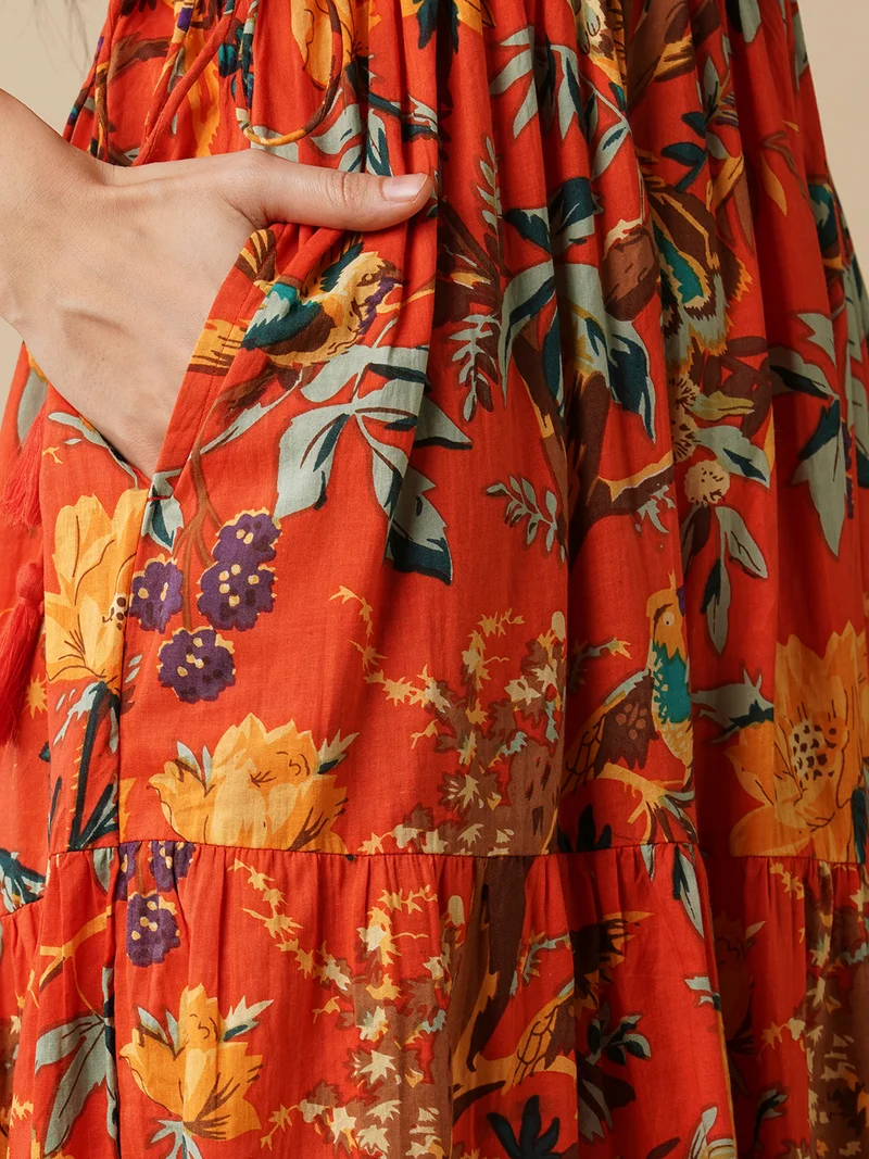 globus Women All Over Floral Print Strappy Sleeves Waist Tie-Up Fit & Flare Fusion Maxi Dress