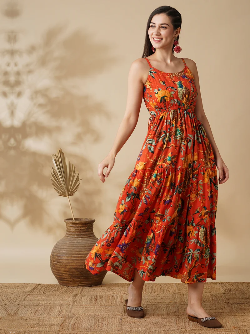 globus Women All Over Floral Print Strappy Sleeves Waist Tie-Up Fit & Flare Fusion Maxi Dress