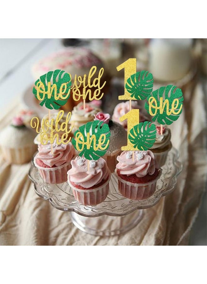 Confetti - Confetti! 24 PCS Monstera Leaf One Cupcake Toppers Glitter Wild One Cupcake Picks Palm Leaves 1st Birthday Cake Decorations for Jungle Safari Theme Baby Shower Kids First Birthday Party Supplies - Image 1