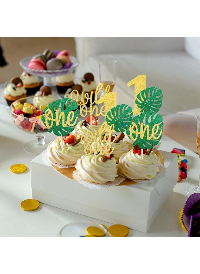 Confetti - Confetti! 24 PCS Monstera Leaf One Cupcake Toppers Glitter Wild One Cupcake Picks Palm Leaves 1st Birthday Cake Decorations for Jungle Safari Theme Baby Shower Kids First Birthday Party Supplies - Image 1