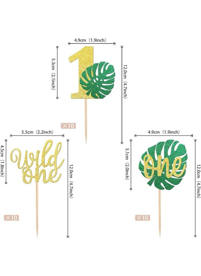 Confetti - Confetti! 24 PCS Monstera Leaf One Cupcake Toppers Glitter Wild One Cupcake Picks Palm Leaves 1st Birthday Cake Decorations for Jungle Safari Theme Baby Shower Kids First Birthday Party Supplies - Image 1