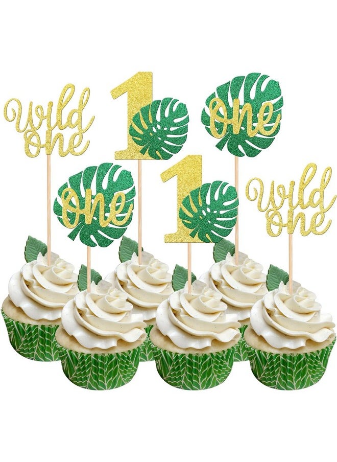 Confetti - Confetti! 24 PCS Monstera Leaf One Cupcake Toppers Glitter Wild One Cupcake Picks Palm Leaves 1st Birthday Cake Decorations for Jungle Safari Theme Baby Shower Kids First Birthday Party Supplies - Image 1