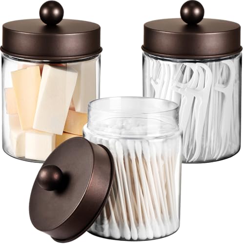 Komashr 3PC Farmhouse Decor Qtip Holder Apothecary Jars Bathroom Vanity Storage Organizer Countertop Canister Container Cute Stickers for Cotton Swab BallPadFloss Paper Clips BronzePlastic - Image 1