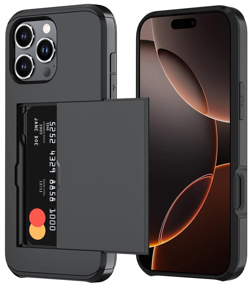 Qinmay Compatible with iPhone 16 Pro Case with Card Holder, Dual Layer Shockproof,Heavy Duty Protective Hidden Slot Slim Wallet Phone Cover，Black - Image 1