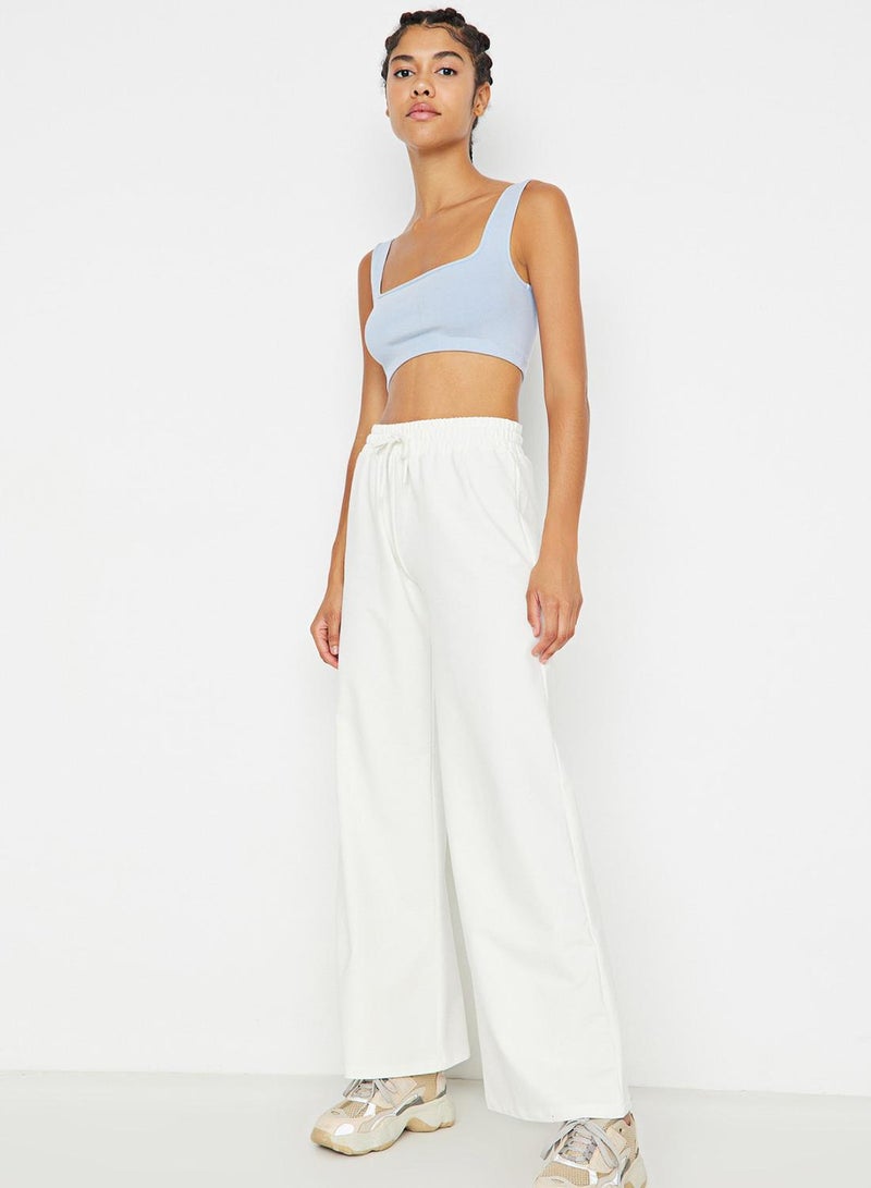 trendyol Cotton Wide-Leg Fine Knit Sports Tracksuit Bottoms - White - Image 3