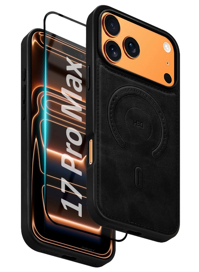 HDD Premium Leather Case and Screen Protector Compatible with iPhone 17 Pro Max, Slim MagSafe Shockproof Protective Cover with Metallic Camera Ring & Tactile Buttons – Black - Image 1