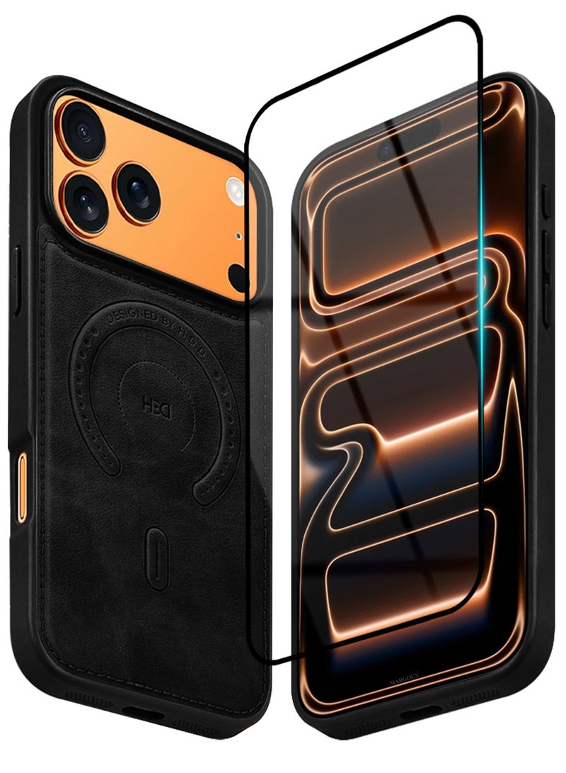 HDD Premium Leather Case and Screen Protector Compatible with iPhone 17 Pro Max, Slim MagSafe Shockproof Protective Cover with Metallic Camera Ring & Tactile Buttons – Black - Image 2