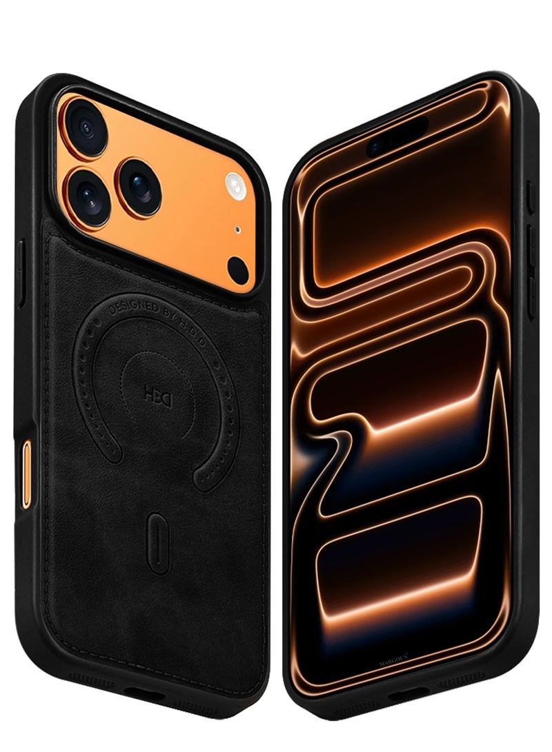 HDD Premium Leather Case and Screen Protector Compatible with iPhone 17 Pro Max, Slim MagSafe Shockproof Protective Cover with Metallic Camera Ring & Tactile Buttons – Black - Image 3