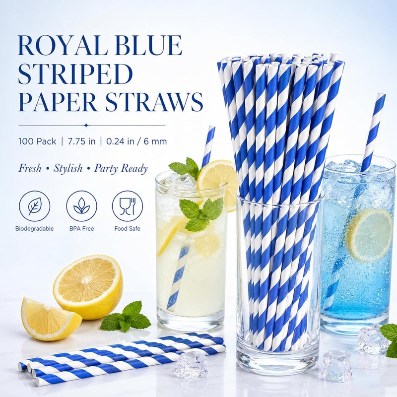 Haundry 100 Blue and White Striped Paper Straws, Biodegradable Disposable Drinking Straws for Birthday, Wedding, Baby Shower, Fourth of July, Party Decoration Supplies - Image 4