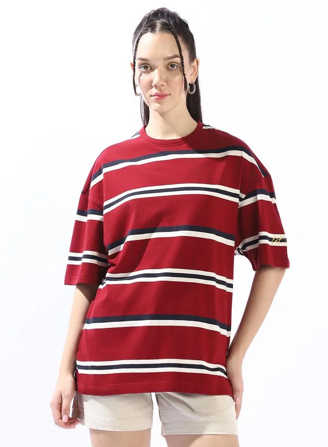 HIGH STAR  Women's Multicolour 100% Cotton Striped Oversized T-Shirt for Women | Best Price UAE