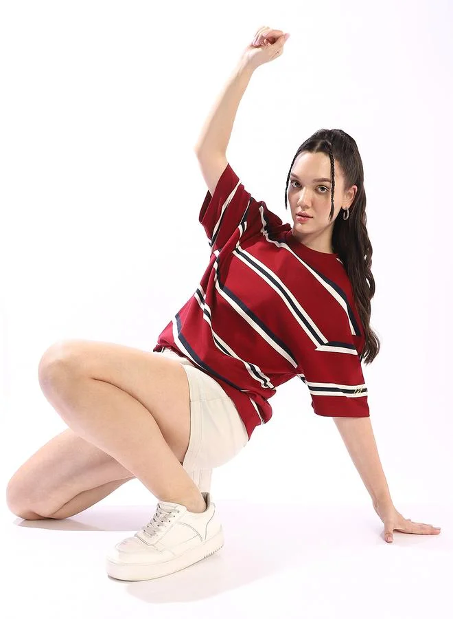 HIGH STAR Women's Multicolour 100% Cotton Striped Oversized T-Shirt