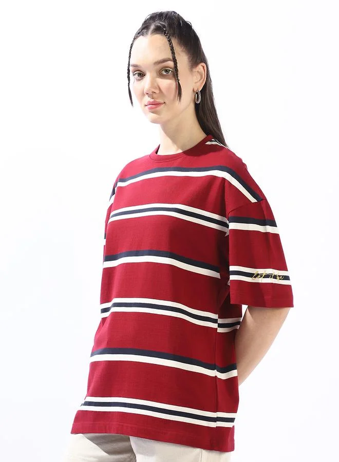 HIGH STAR Women's Multicolour 100% Cotton Striped Oversized T-Shirt