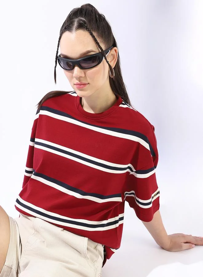 HIGH STAR  Women's Multicolour 100% Cotton Striped Oversized T-Shirt for Women | Best Price UAE
