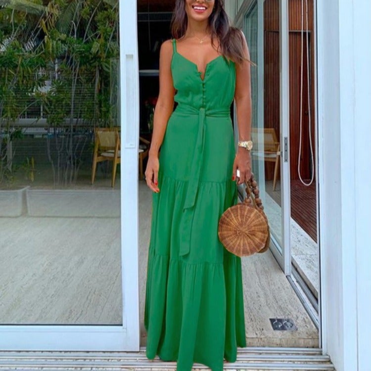 2021 summer new European and American women's clothing personalized button V-neck stitching suspender dress green S - Image 2