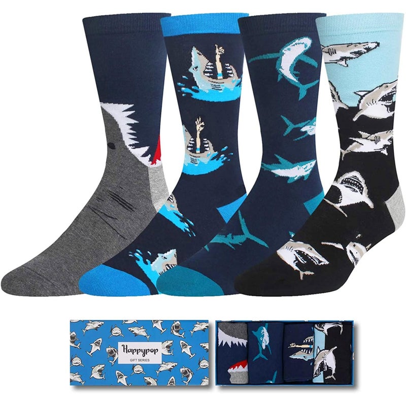 Zmart Funny Shark Gifts for Men - Crazy Shark Socks, Animal Socks Ocean Gifts 4 Pack - Image 1