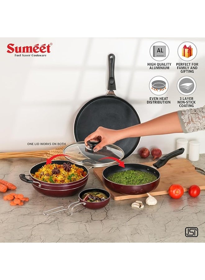 سوميت طقم أواني طهي من الألومنيوم غير اللاصق بقاعدة حثية من سلسلة "Elegantia" من Sumeet - مكون من 5 قطع: صاج "دوسا" (28 سم) / مقلاة عميقة (Kadai) مع غطاء زجاجي / مقلاة للقلي (21.5 سم) / وعاء بسعة 1550 مل / مقلاة تحمير صغيرة (Tadka Pan) | مناسب للاستخدام على مواقد الغاز والحث الحراري | اللون: كرزي - Image 4