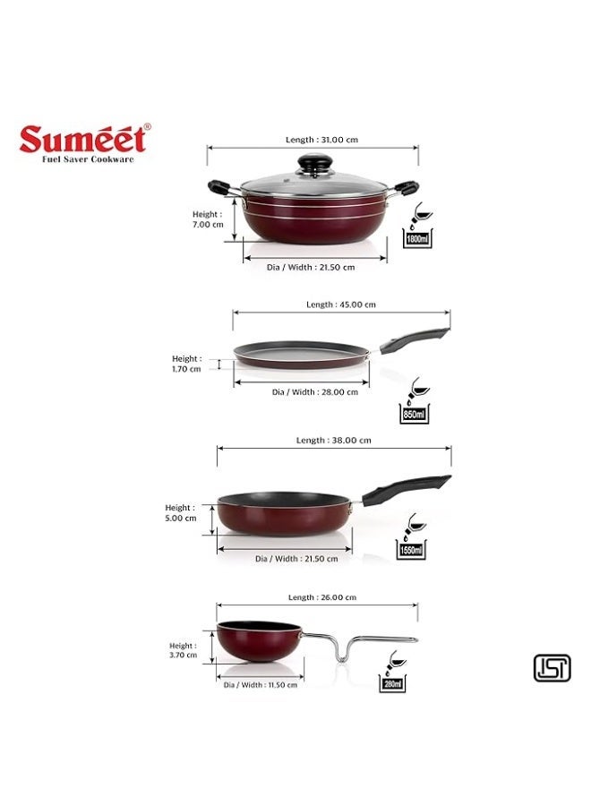 سوميت طقم أواني طهي من الألومنيوم غير اللاصق بقاعدة حثية من سلسلة "Elegantia" من Sumeet - مكون من 5 قطع: صاج "دوسا" (28 سم) / مقلاة عميقة (Kadai) مع غطاء زجاجي / مقلاة للقلي (21.5 سم) / وعاء بسعة 1550 مل / مقلاة تحمير صغيرة (Tadka Pan) | مناسب للاستخدام على مواقد الغاز والحث الحراري | اللون: كرزي - Image 2